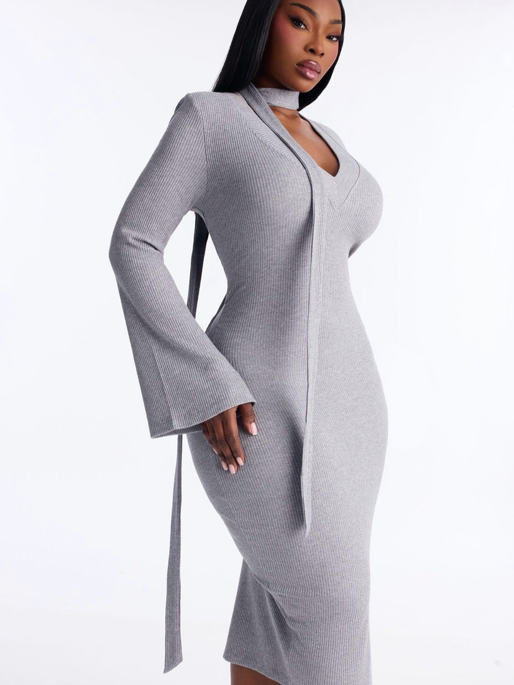 Fashion Nova Gray Rib-Knit V-Neck Midi Dress with Choker Tie